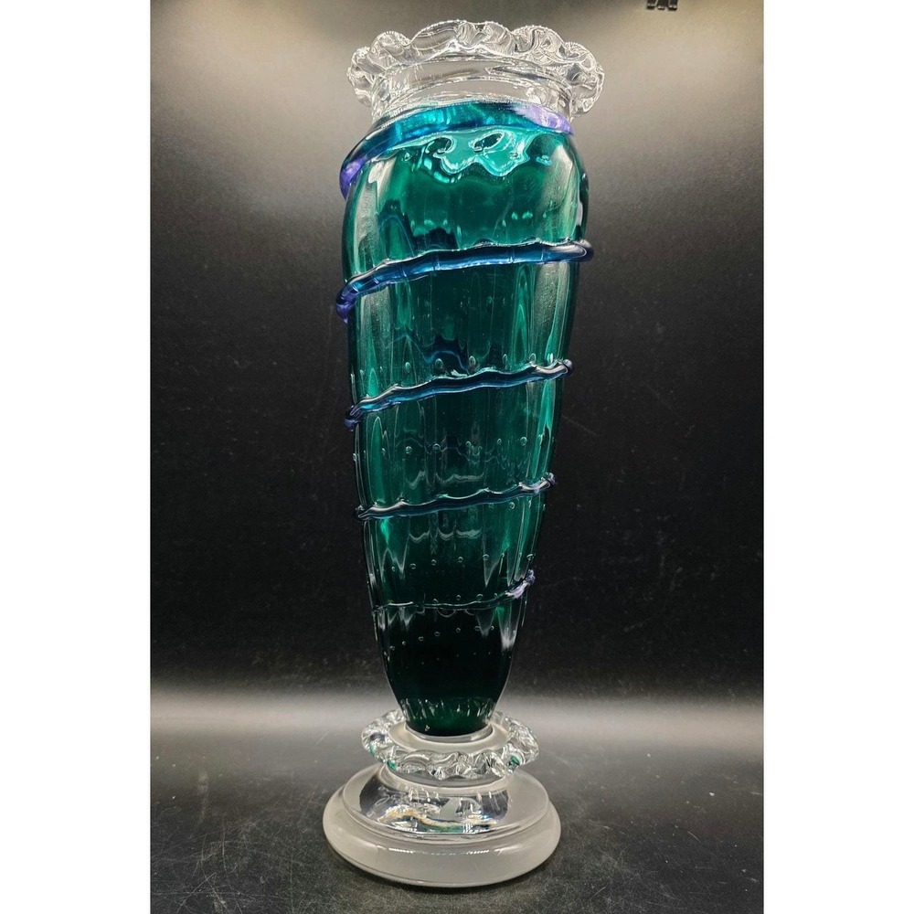 Timothy Landers Art Glass Vase Emerald Green Cobalt Blue Spiral Ruffled Rim 14"